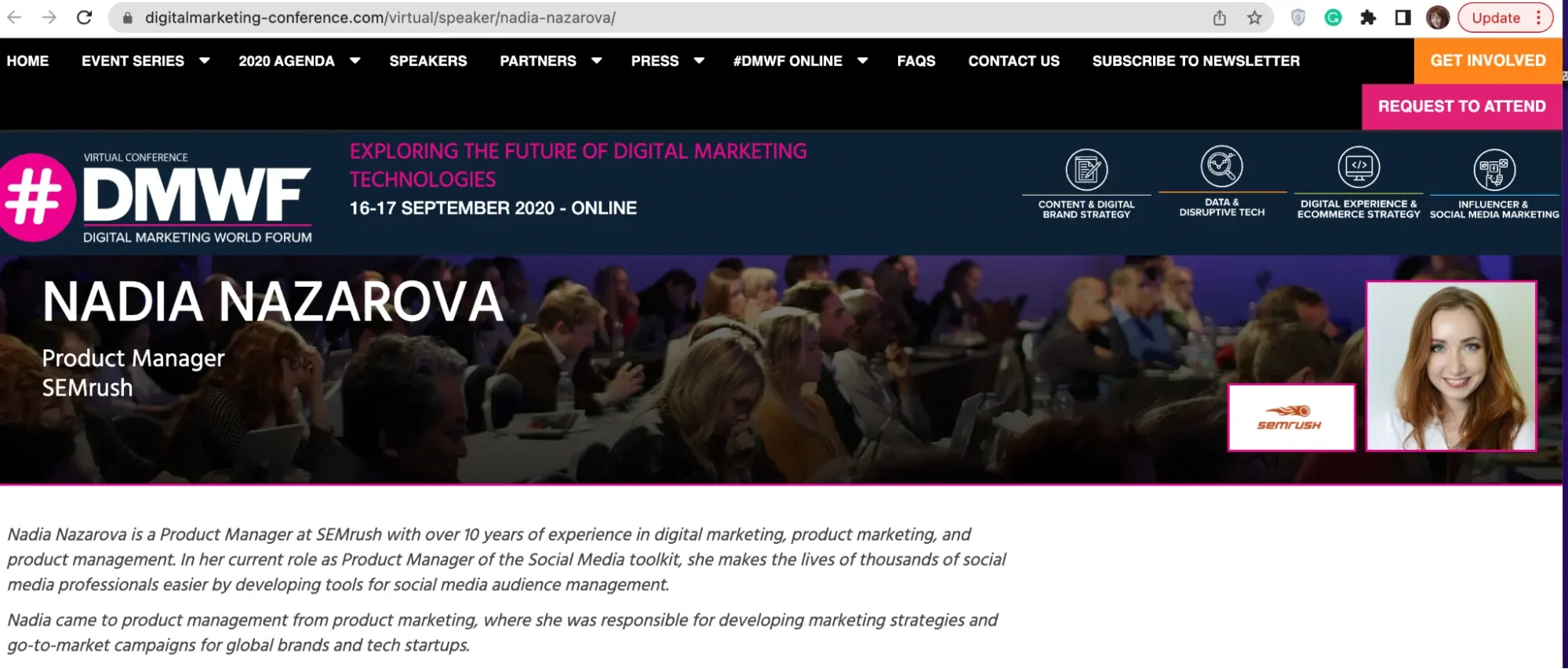 Nadia Nazarova’s speaker profile on the Digital Marketing World Forum site, listing her as Product Manager at SEMrush