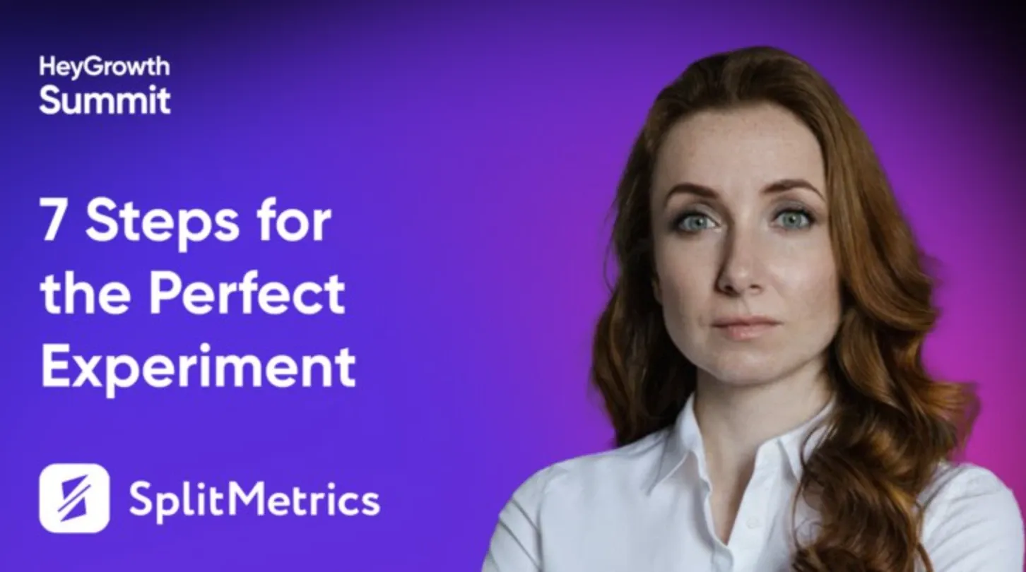 HeyGrowth Summit speaker card reading “7 Steps for the Perfect Experiment”, with Nadia Nazarova’s portrait and the SplitMetrics mark on a violet ground
