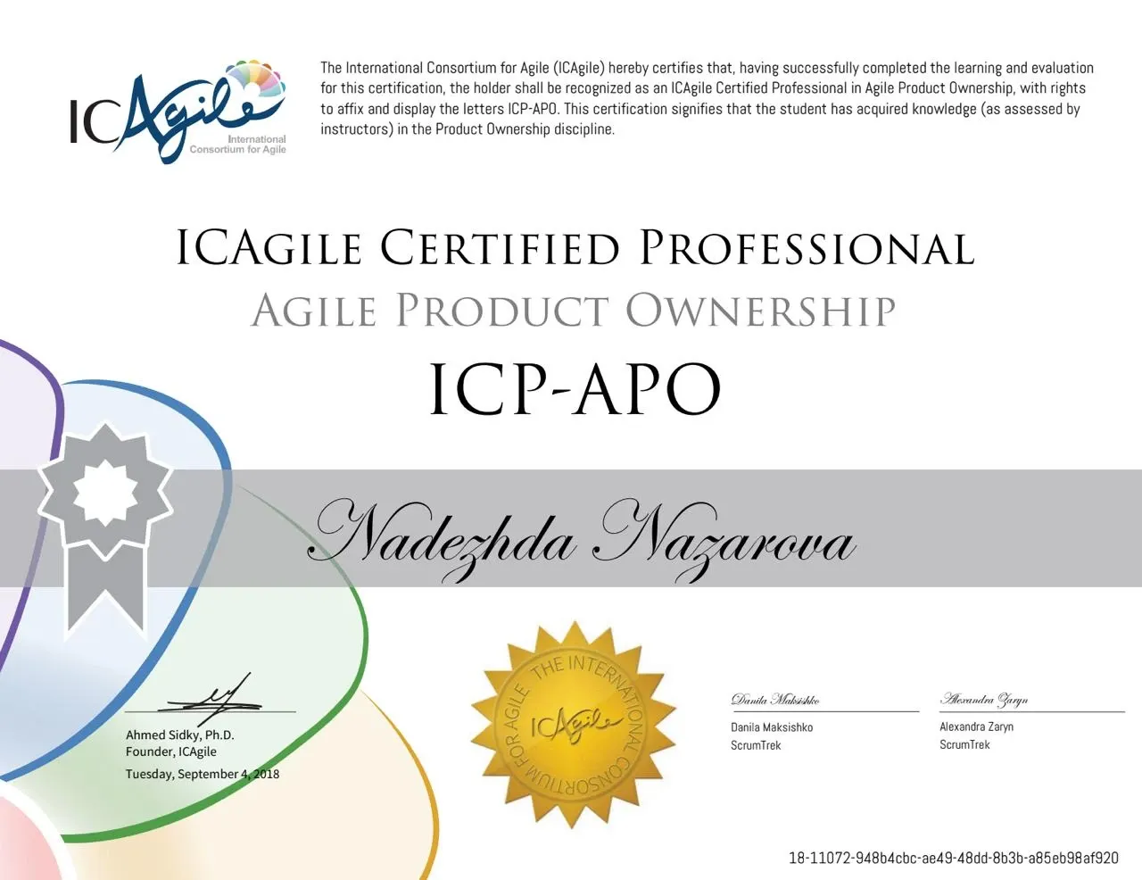 ICAgile Certified Professional certificate in Agile Product Ownership, ICP-APO, dated September 2018