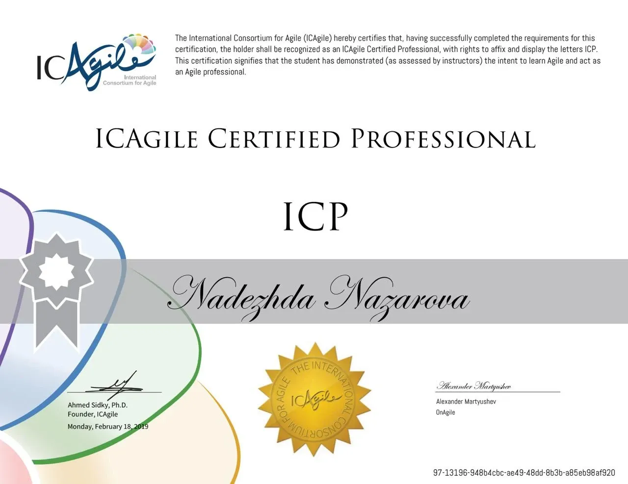 ICAgile Certified Professional certificate, ICP, dated February 2019