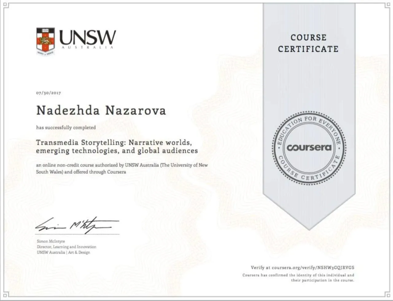 UNSW Australia course certificate for Transmedia Storytelling, issued through Coursera in July 2017